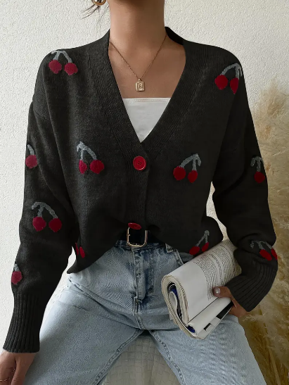 Cárdigan con cerezas – Estilo casual y dulce para el frío