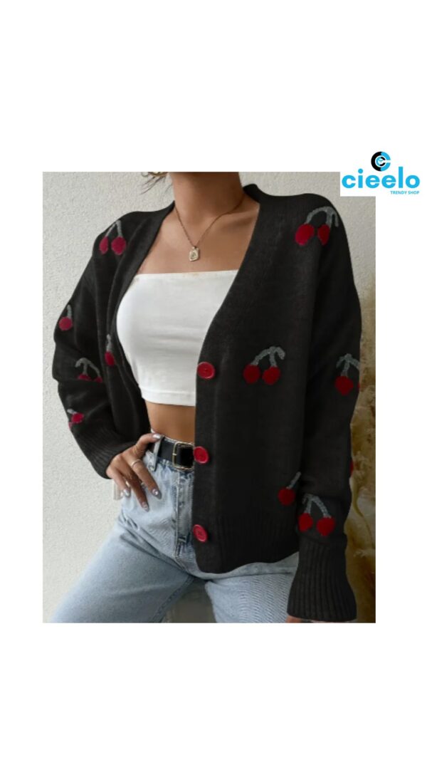 Cárdigan con cerezas – Estilo casual y dulce para el frío