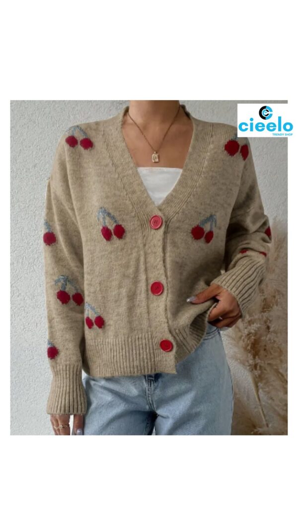 Cárdigan con cerezas – Estilo casual y dulce para el frío