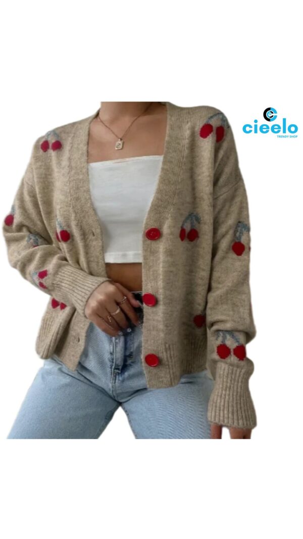 Cárdigan con cerezas – Estilo casual y dulce para el frío