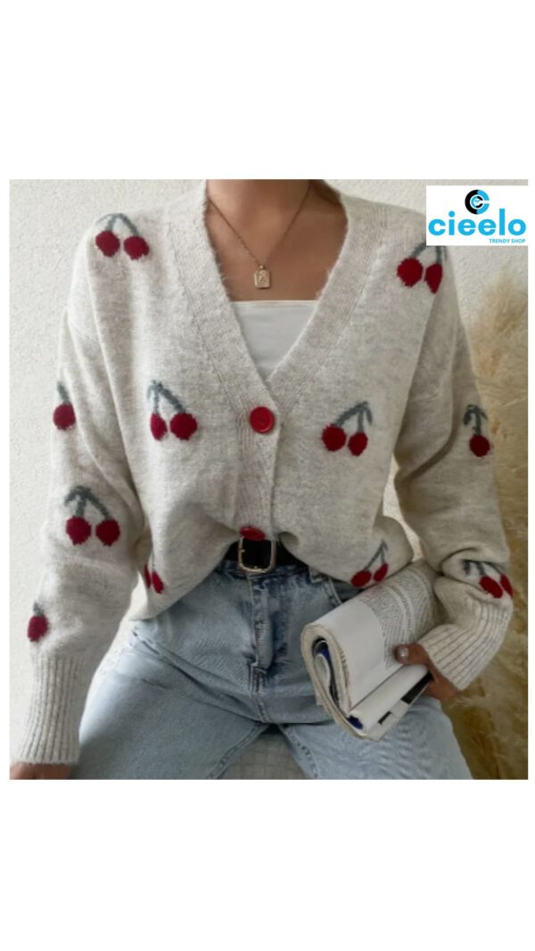 Cárdigan con cerezas – Estilo casual y dulce para el frío