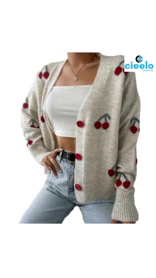 Cárdigan con cerezas – Estilo casual y dulce para el frío