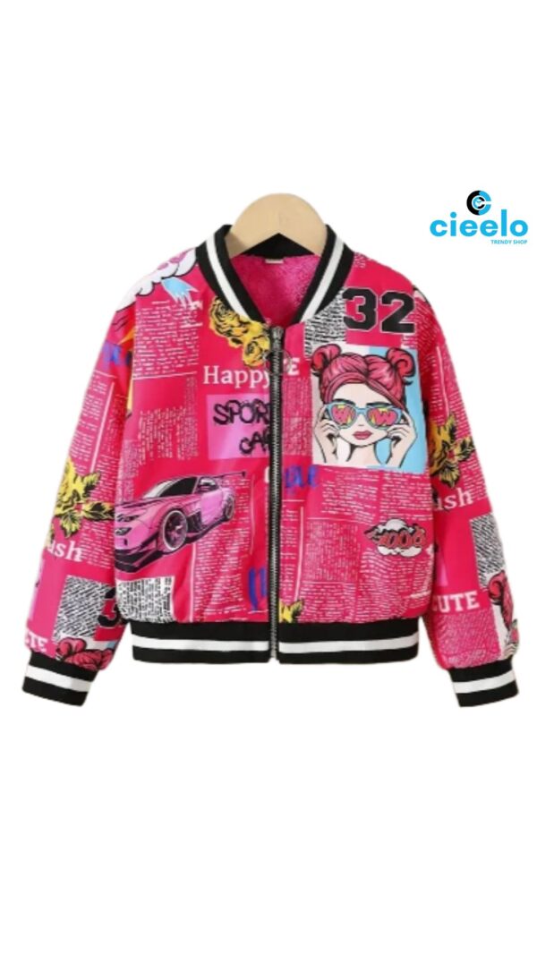 Chaqueta Bomber de Forro Polar y Estampado Pop Art para Niñas – Estilo Béisbol de Invierno