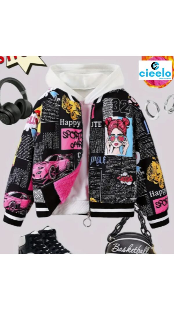 Chaqueta Bomber de Forro Polar y Estampado Pop Art para Niñas – Estilo Béisbol de Invierno