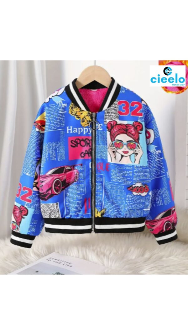 Chaqueta Bomber de Forro Polar y Estampado Pop Art para Niñas – Estilo Béisbol de Invierno