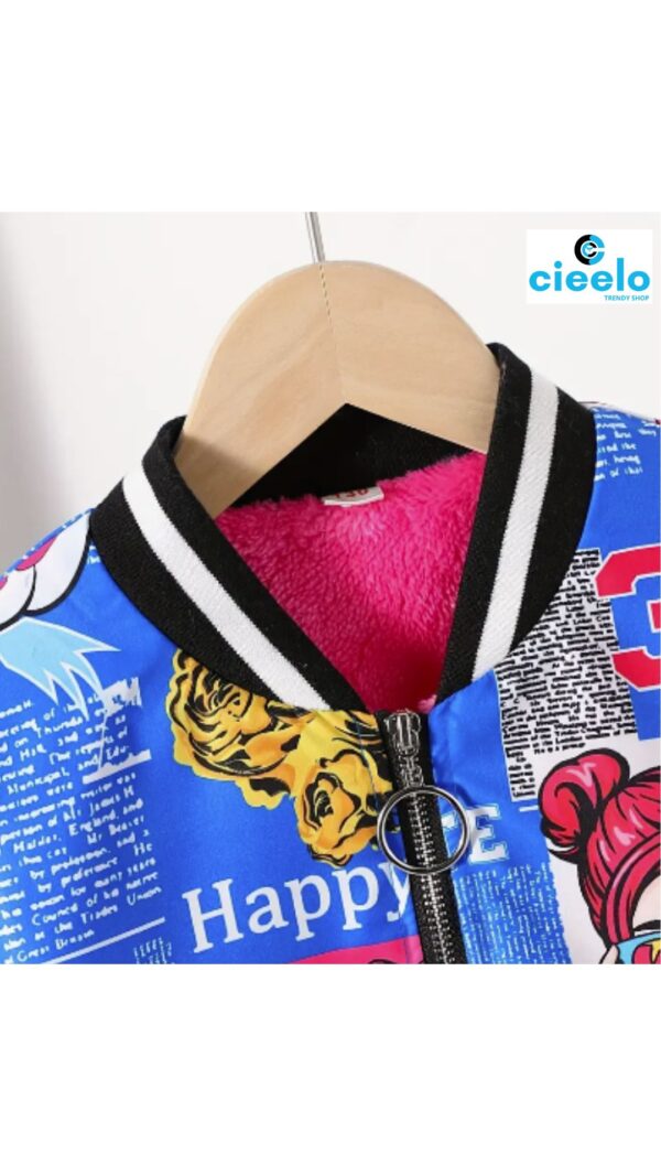 Chaqueta Bomber de Forro Polar y Estampado Pop Art para Niñas – Estilo Béisbol de Invierno