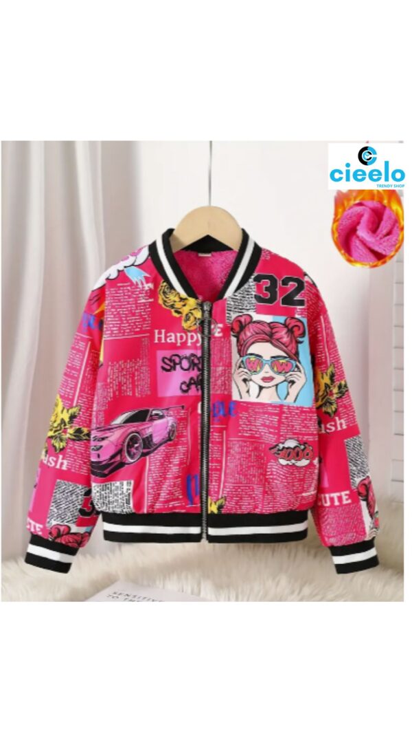 Chaqueta Bomber de Forro Polar y Estampado Pop Art para Niñas – Estilo Béisbol de Invierno