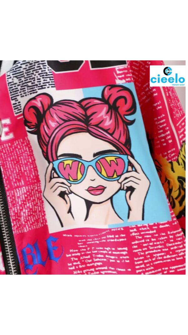Chaqueta Bomber de Forro Polar y Estampado Pop Art para Niñas – Estilo Béisbol de Invierno