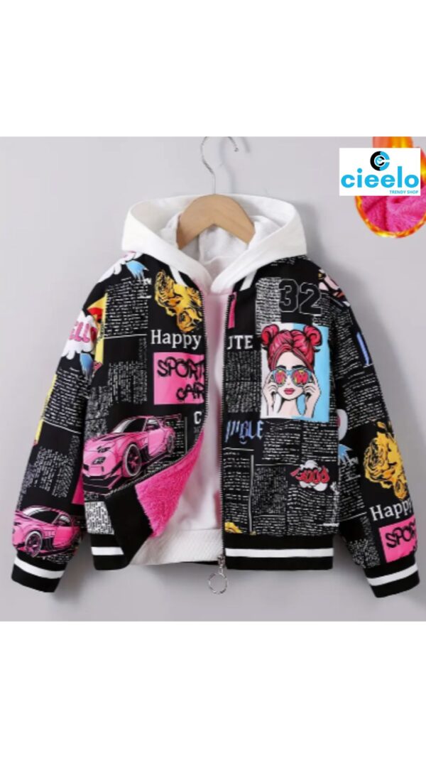 Chaqueta Bomber de Forro Polar y Estampado Pop Art para Niñas – Estilo Béisbol de Invierno