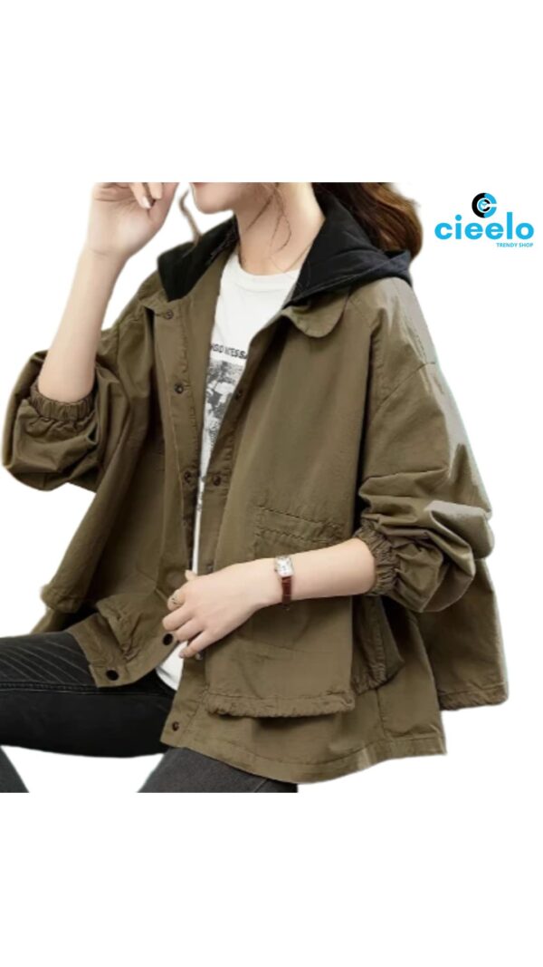 Chaqueta Corta con Capucha Elegante para Mujer – Verde Oliva, Casual y Adelgazadora para Primavera/Otoño