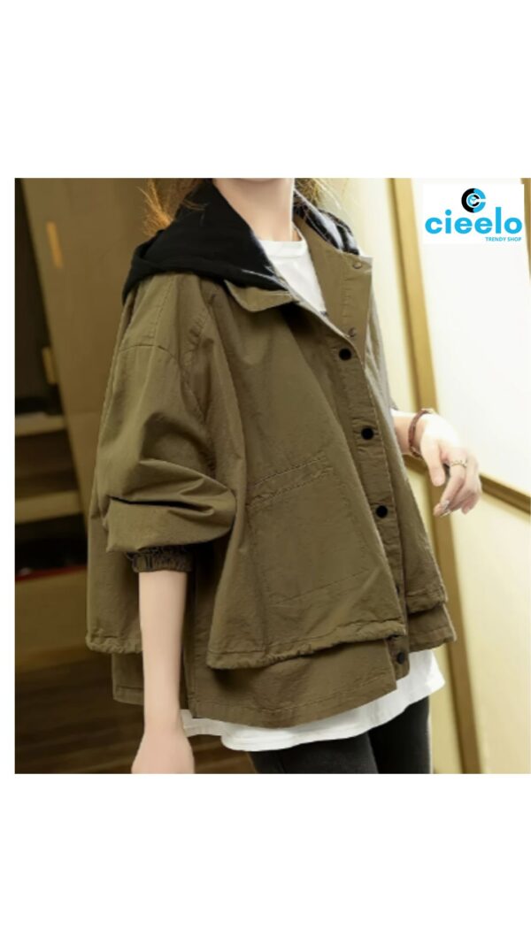 Chaqueta Corta con Capucha Elegante para Mujer – Verde Oliva, Casual y Adelgazadora para Primavera/Otoño