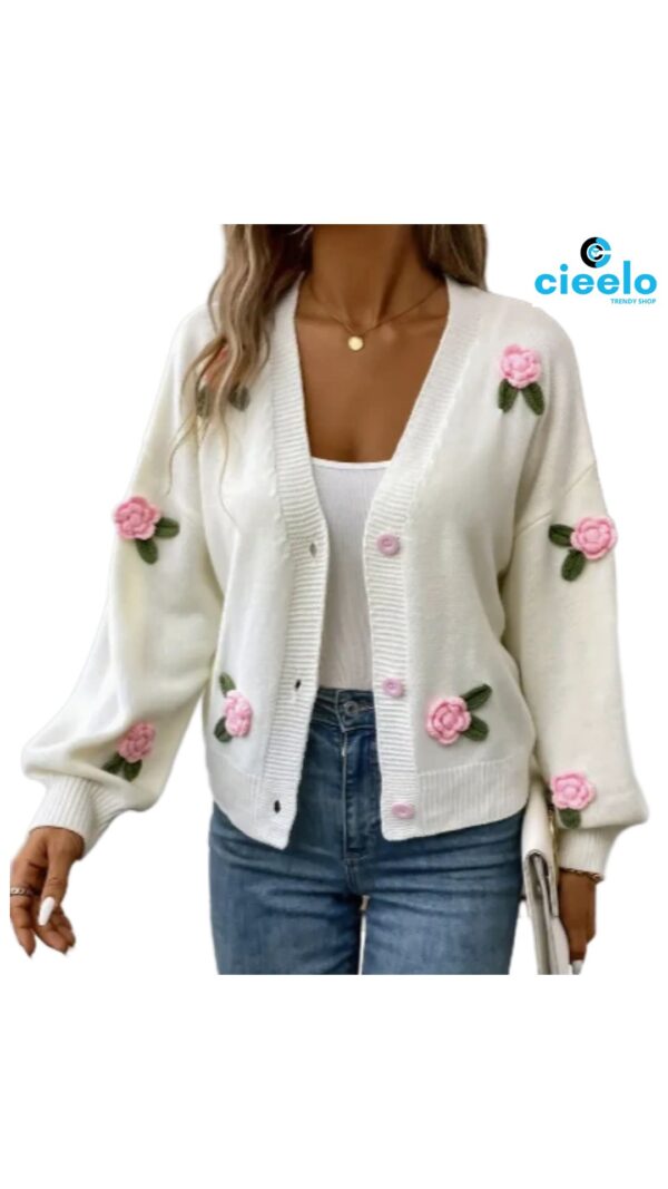 Cárdigan Floral con Hombros Caídos y Cuello en V – Estilo Casual