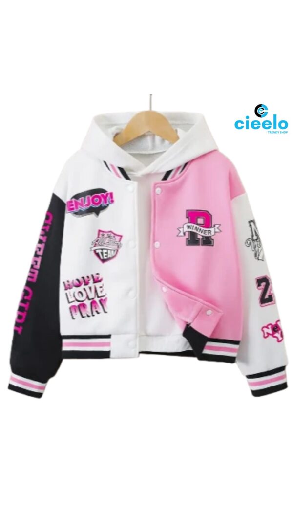 Chaqueta Varsity Rosa y Negra para Niñas – Con Parches y "DISFRUTA"