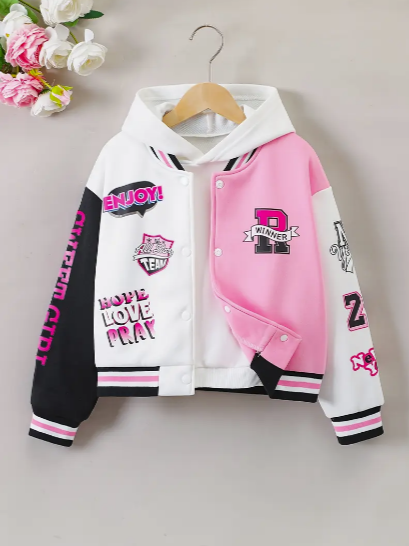 Chaqueta Varsity Rosa y Negra para Niñas – Con Parches y "DISFRUTA"