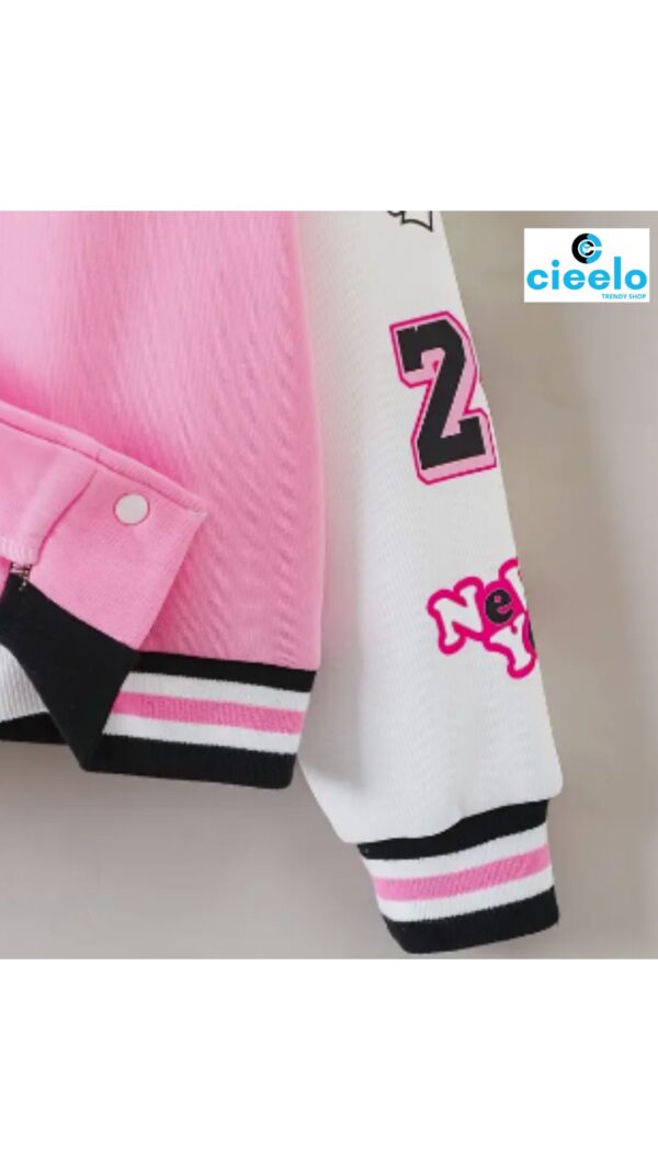 Chaqueta Varsity Rosa y Negra para Niñas – Con Parches y "DISFRUTA"