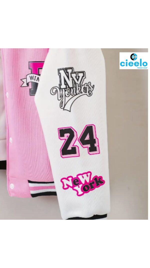 Chaqueta Varsity Rosa y Negra para Niñas – Con Parches y "DISFRUTA"