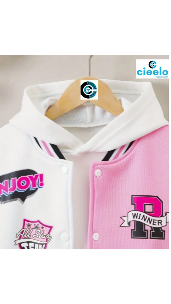 Chaqueta Varsity Rosa y Negra para Niñas – Con Parches y "DISFRUTA"