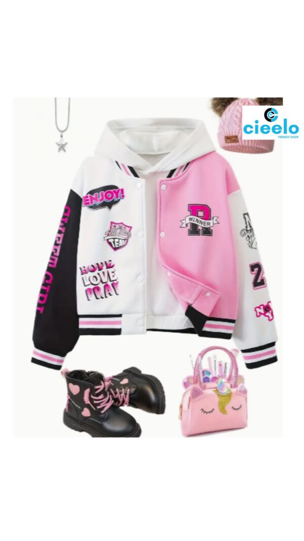 Chaqueta Varsity Rosa y Negra para Niñas – Con Parches y "DISFRUTA"
