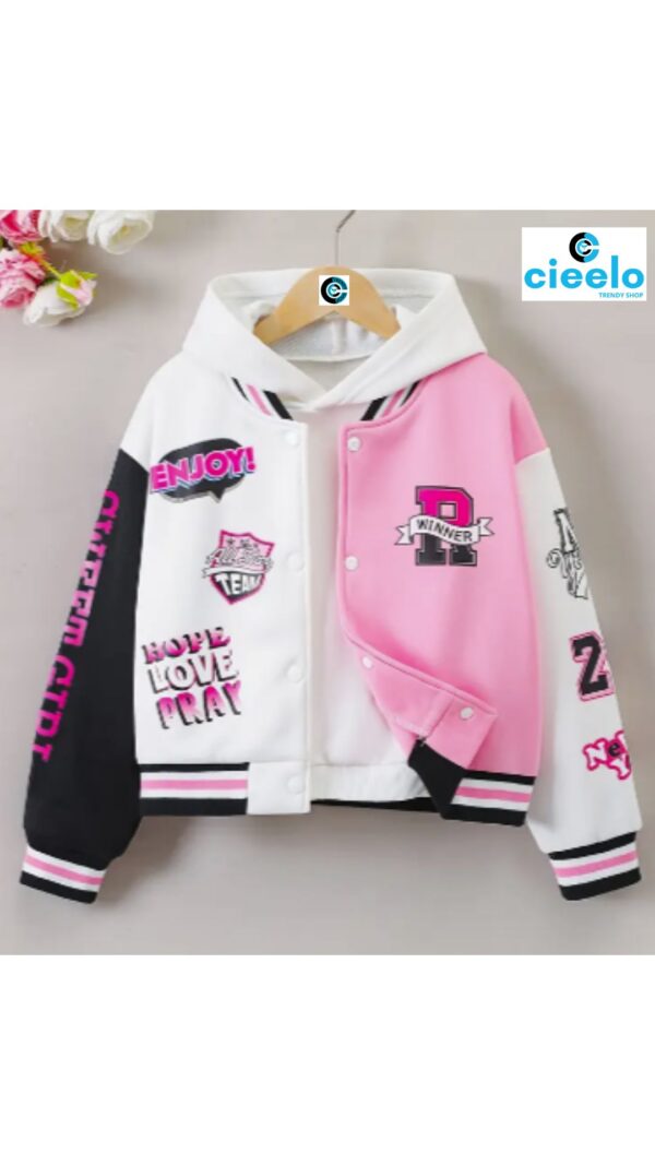 Chaqueta Varsity Rosa y Negra para Niñas – Con Parches y "DISFRUTA"