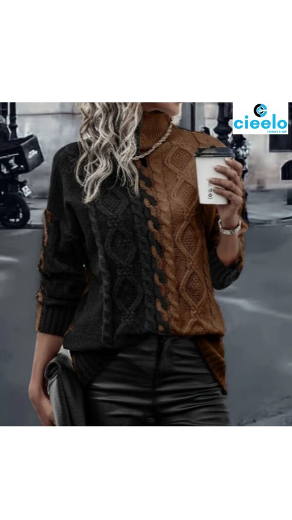 Suéter elegante de cuello alto – Bloques de color y textura chic