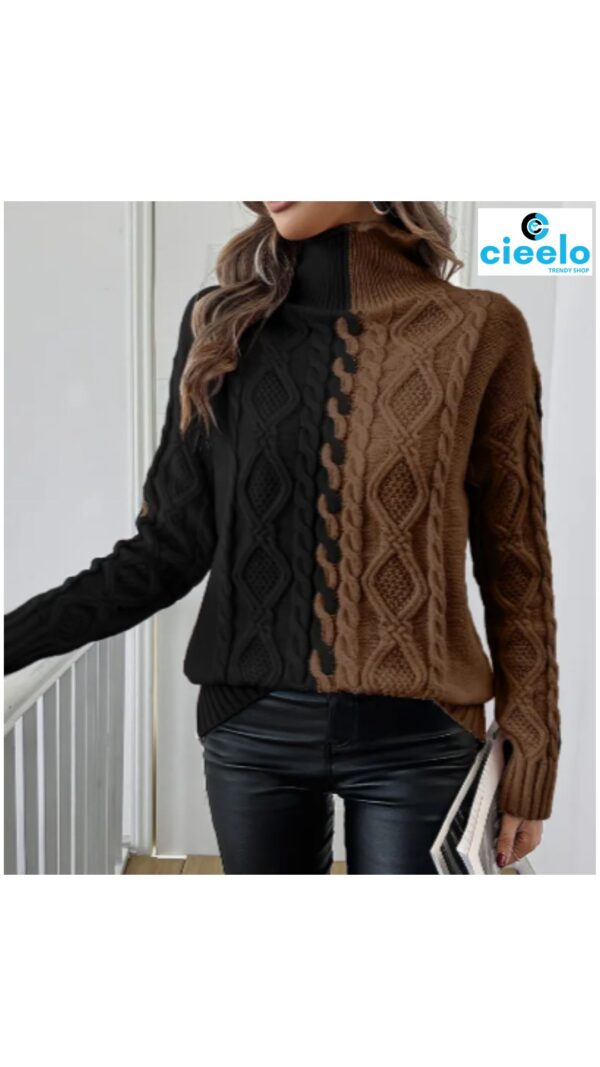 Suéter elegante de cuello alto – Bloques de color y textura chic