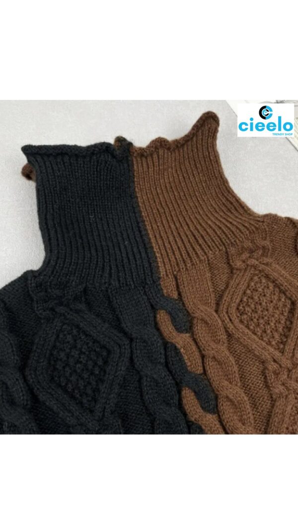 Suéter elegante de cuello alto – Bloques de color y textura chic