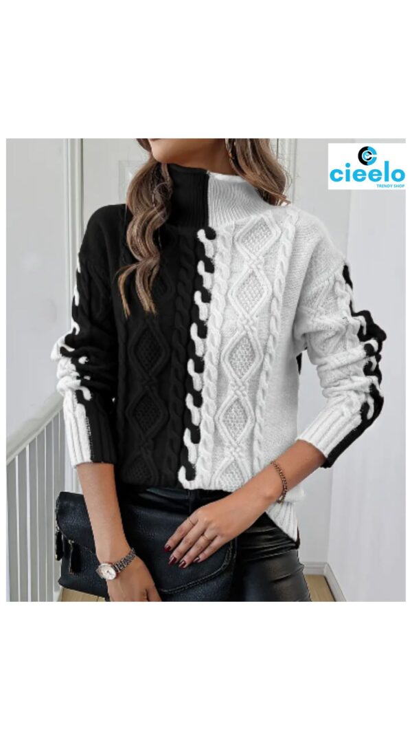 Suéter elegante de cuello alto – Bloques de color y textura chic