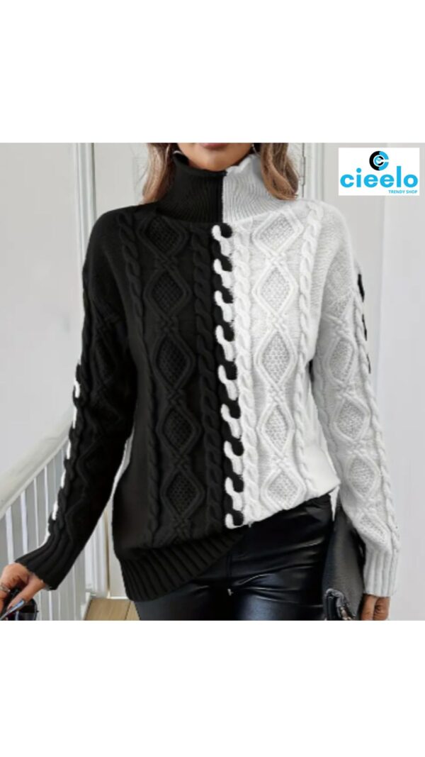 Suéter elegante de cuello alto – Bloques de color y textura chic