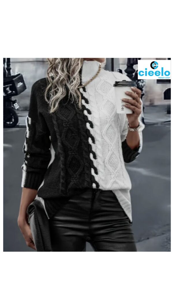 Suéter elegante de cuello alto – Bloques de color y textura chic