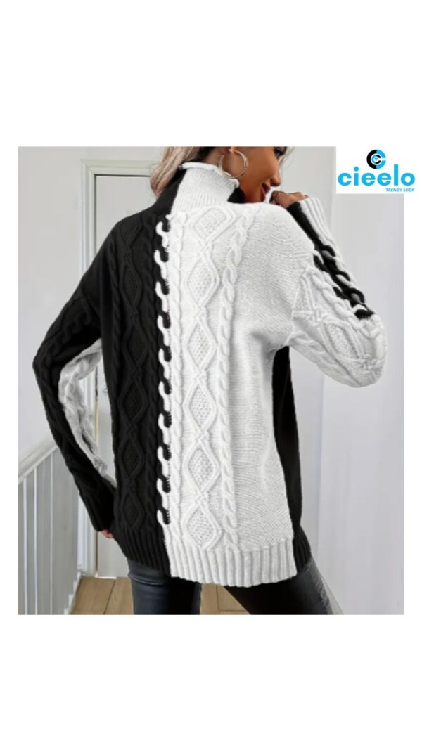 Suéter elegante de cuello alto – Bloques de color y textura chic