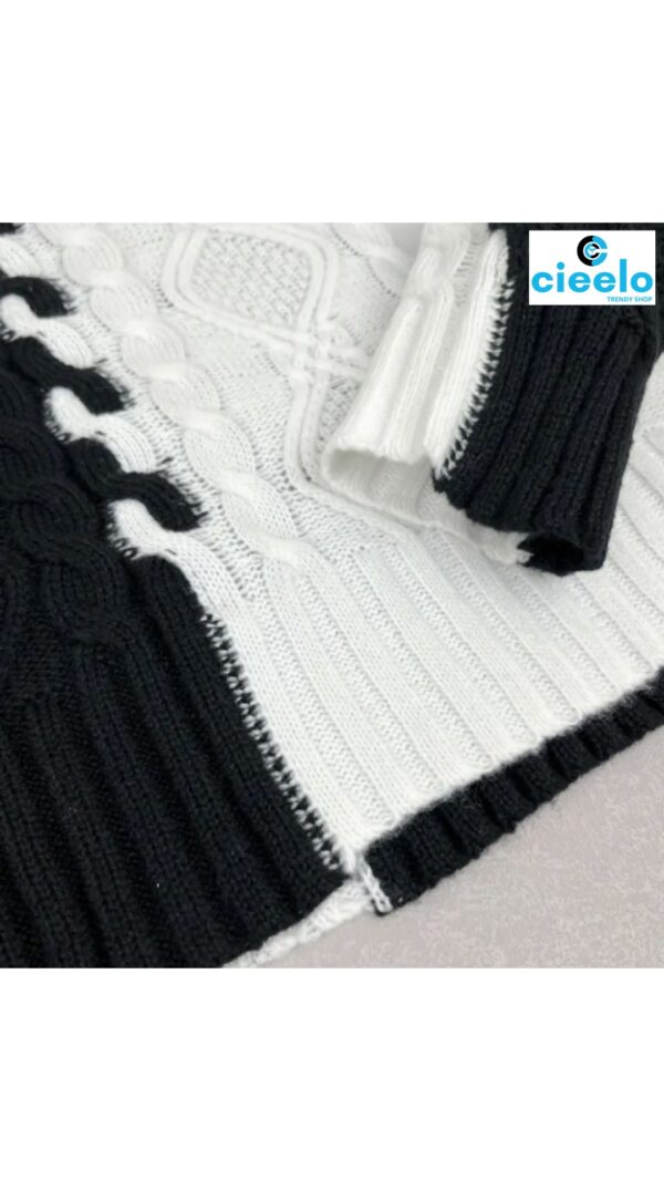 Suéter elegante de cuello alto – Bloques de color y textura chic