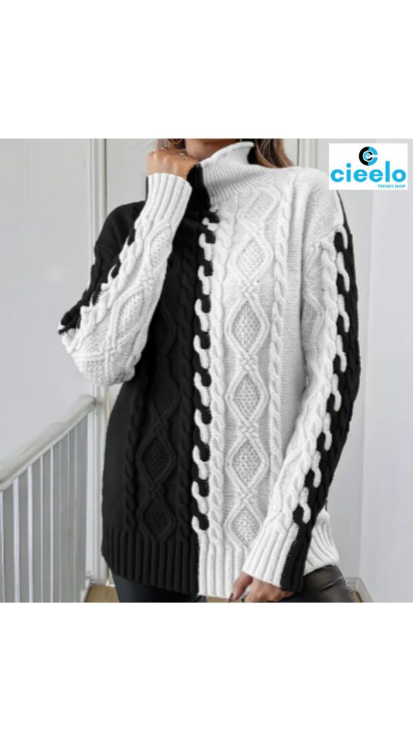 Suéter elegante de cuello alto – Bloques de color y textura chic
