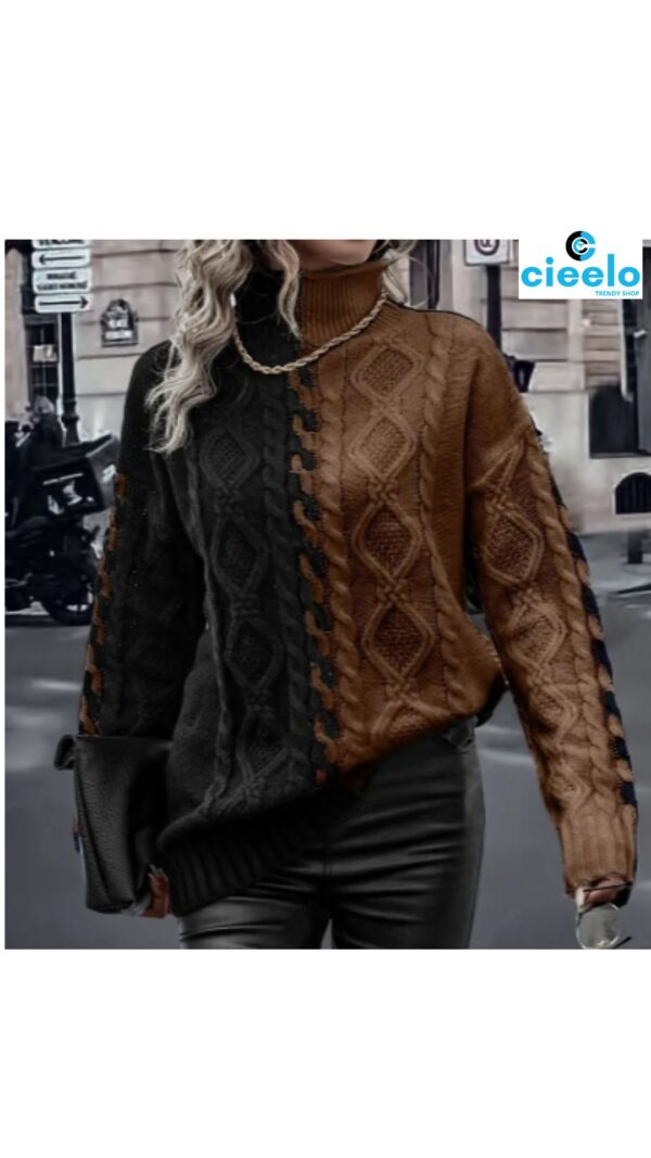 Suéter elegante de cuello alto – Bloques de color y textura chic